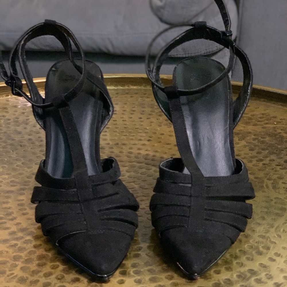 Black suede heels.